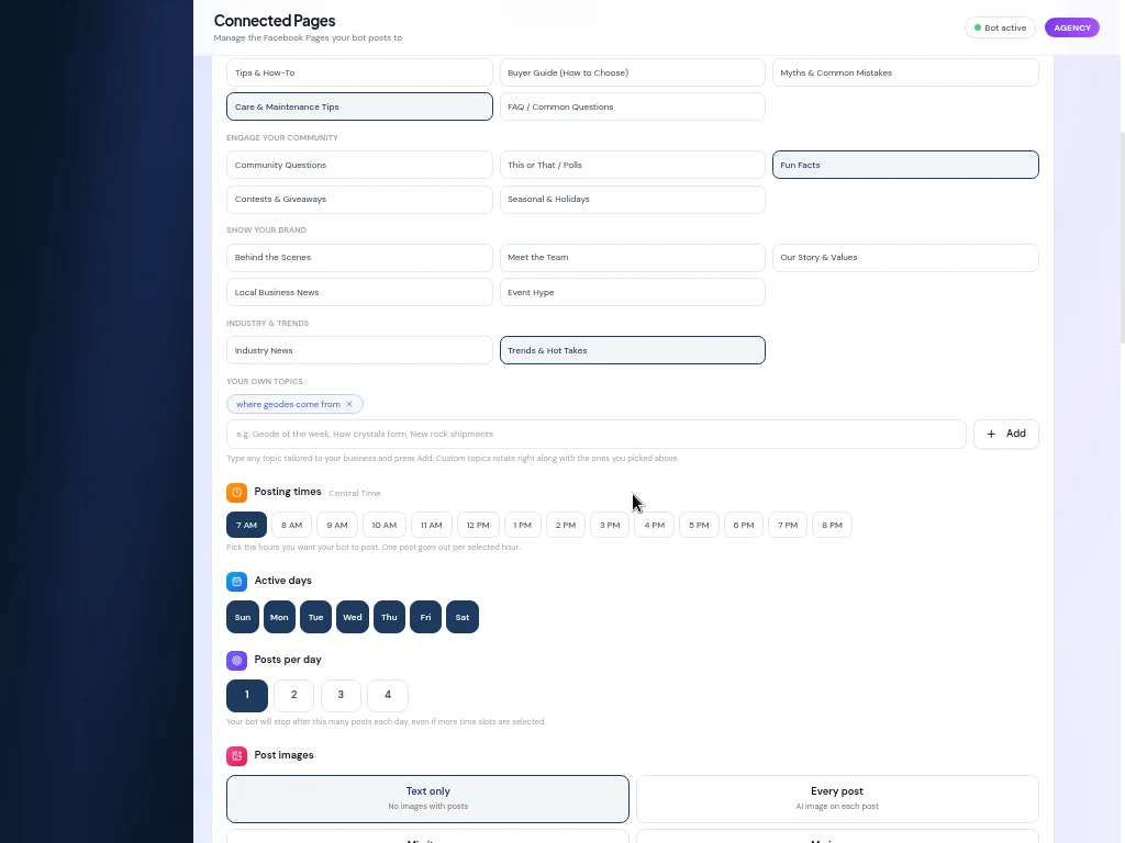 Bot customization panel with topic categories, custom topics, posting times, active days and image options