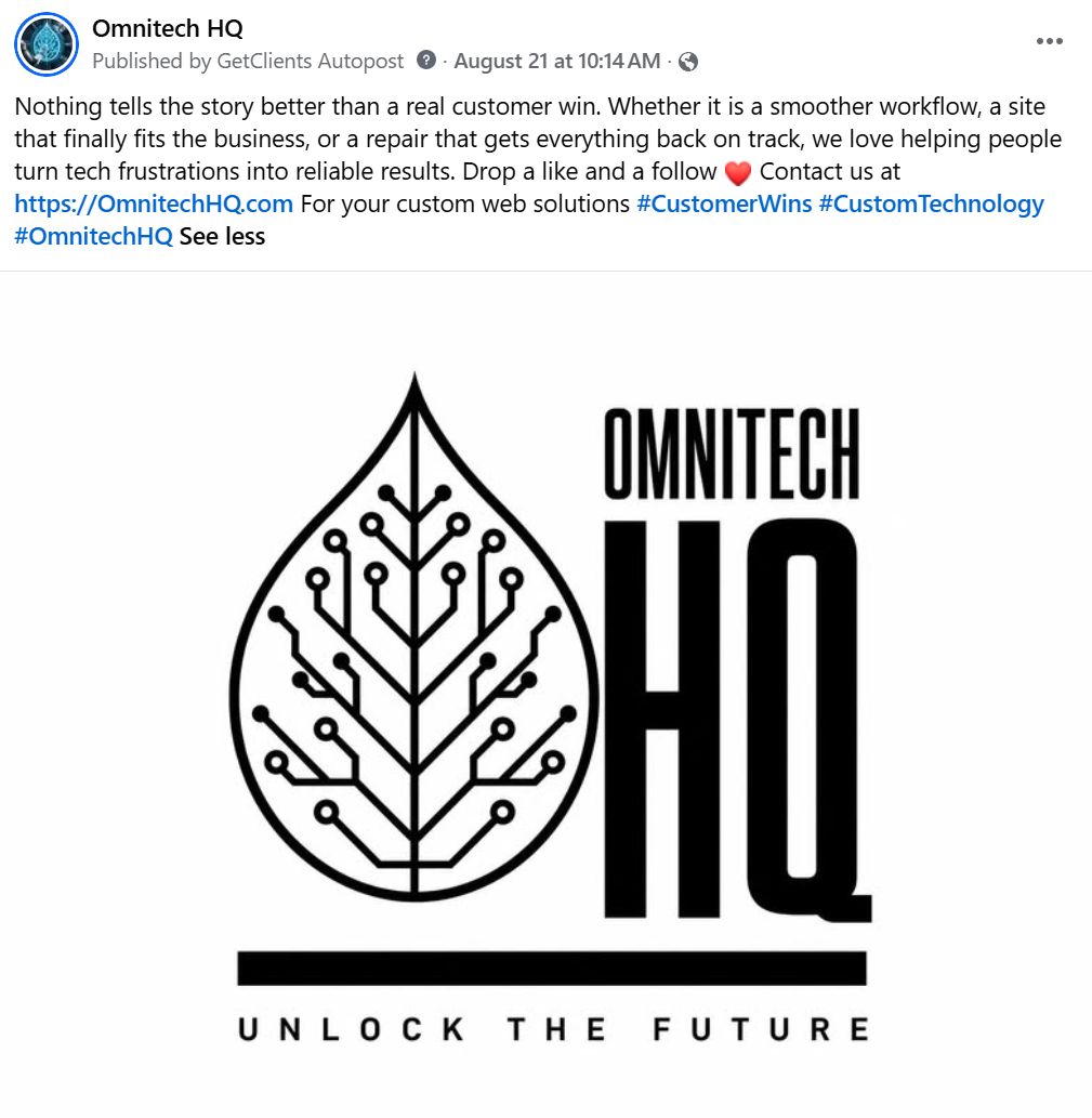Real Facebook post GetClients published for Omnitech HQ